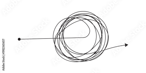 Messy tangle continuous one line drawing of chaos and confusion turning into a clear path and target. Problem solving, goal achievement, and brainstorming process concept in eps 10.