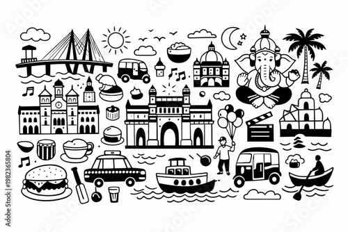 Mumbai Doodle Art Featuring Iconic Landmarks and Cultural Symbols like Gateway of India, Bandra-Worli Sea Link, Lord Ganesha, Auto Rickshaw, and Vada Pav in Black and White Flat Vector Style