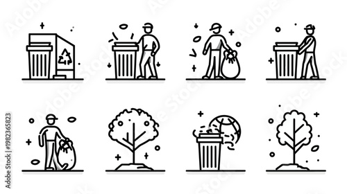 Eco-Friendly Waste Management, Recycling, and Environmental Protection Line Icons Set