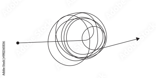 Tangled scribble lines transitioning from chaos to straight arrow. Concept of problem solving, simple solution, untangling process, and efficient business strategy development in eps 10.