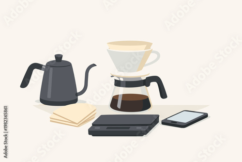 Flat Vector Illustration of a Specialty Coffee Brewing Set Featuring a Gooseneck Kettle, Ceramic Dripper with Paper Filters, Glass Carafe with Fresh Coffee, Digital Scale, and a Smartphone.