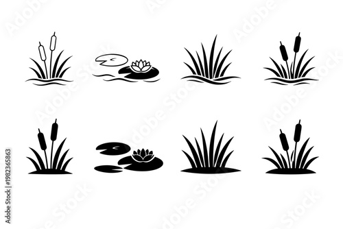 Vector set of black aquatic plant icons featuring cattails, water lily pads, lotus flowers, and marsh grass in minimalist and solid silhouette styles for nature and landscape design projects.