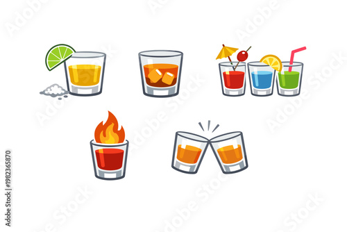 Set of Flat Vector Icons of Various Alcohol Shot Glasses Including Tequila with Lime and Salt, Whiskey on the Rocks, Colorful Party Cocktails with Garnishes, Flaming Shot, and Clinking Glasses for