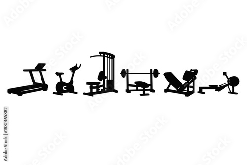 Set of six black silhouettes of gym fitness machines including treadmill, stationary bike, lat pulldown, bench press, leg press, and rowing machine, neatly arranged in a row on white background.