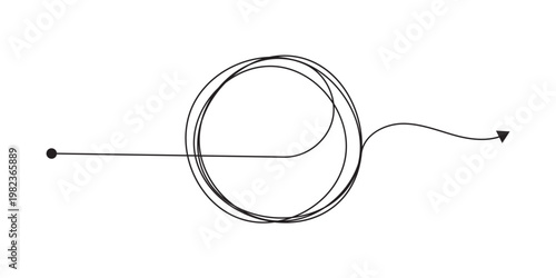 Tangled scribble lines transitioning from chaos to straight arrow. Concept of problem solving, simple solution, untangling process, and efficient business strategy development in eps 10.