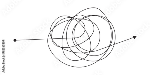 Tangled scribble lines transitioning from chaos to straight arrow. Concept of problem solving, simple solution, untangling process, and efficient business strategy development in eps 10.