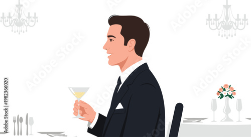 A smiling man in a smart dark suit and tie is seated at a formal dinner table, holding a clear martini glass with a drink.