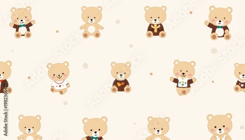 Cute Pattern of Adorable Teddy Bears with Various Outfits on a Light Background