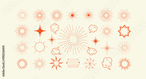 Orange vintage starburst and sunburst graphic elements set with sparks and comic explosion shapes.
