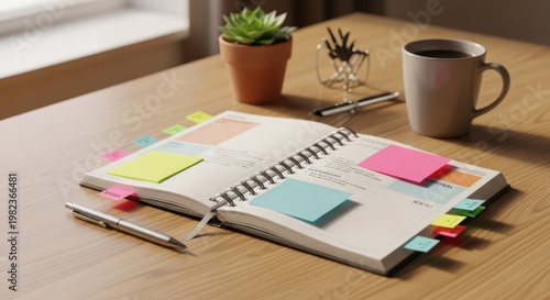 Open spiral planner notebook with colorful sticky notes on wooden desk with pen succulent plant and coffee mug