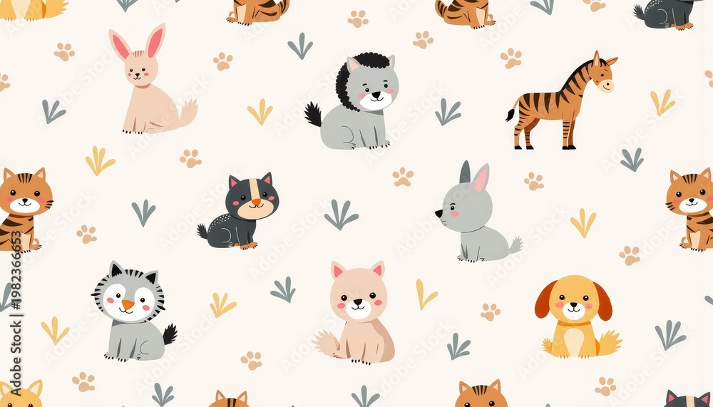Fototapeta premium Playful Animal Pattern Featuring Cute Puppies, Kittens, Rabbits, and Exotic Creatures in a Whimsical Cartoon Style with Pastel Colors and Soft Background