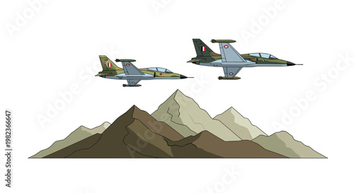 Two distinct camouflaged fighter jets are flying over a range of stylized mountains with brown and grey peaks against a plain white background.