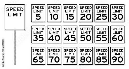 American speed limit road sign. USA speed limit road sign set fro 5 to 90 mph
