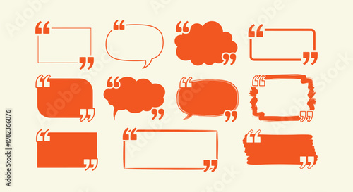 Creative Orange Quote Box Frame Set with Speech Bubbles and Quotation Marks for Graphic Design.