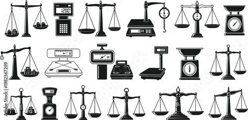 Comprehensive Vintage and Modern Weighing Scale Silhouette Vector Set for Justice Concepts, Grocery Markets, and Weight Measurement Graphic Design