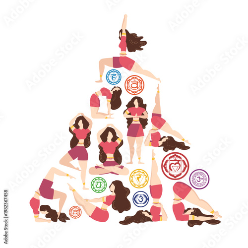 Christmas tree, triangle made of Chakra symbols and yoga