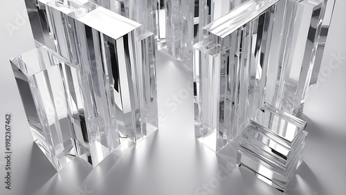 Pure Silver Glossy Prisms Reflecting Intense White Light Beams