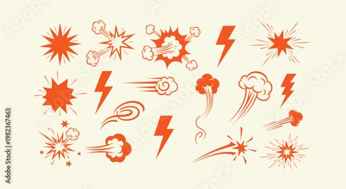 Collection of Comic Action Elements with Explosion Clouds Lightning Bolts and Motion Speed Lines