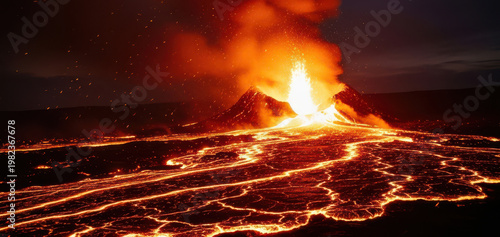 Volcano eruption with glowing lava flowing at night.
