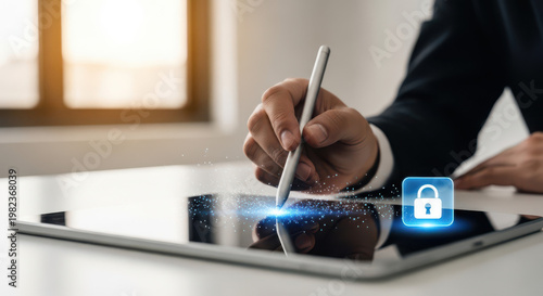 Digital signature security concept with padlock icon and glowing effects.