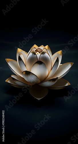 A radiant lotus flower, crafted with exquisite detail and gold accents, floats serenely against a dark backdrop. wall Art, poster, flower Print, floral Printable