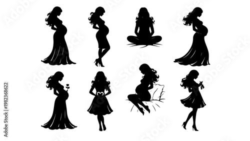 silhouettes of women,Pregnant Women Silhouette Set Different Poses Maternity Collection,PNG transparent background.
