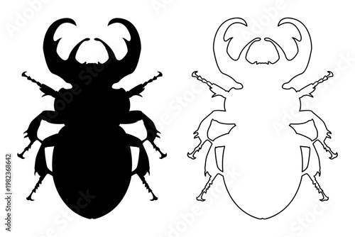 Stag Beetle Lucanus Cervus Silhouette and Outline Vector Illustration Top View Isolated Design Minimalist Graphic Logo Art for Nature Conservation Science Biology Education and Tattoo Design Stencil