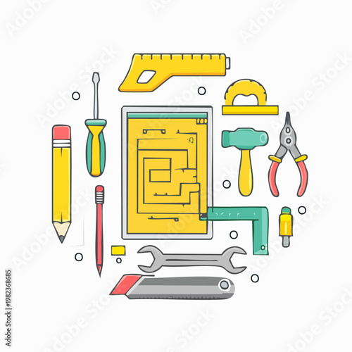 Tools and Blueprint for Construction Project.