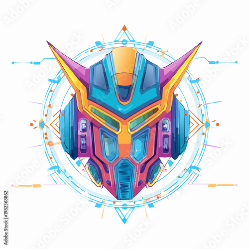 Futuristic Robot Head with Neon Lights.