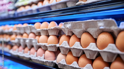 Fresh brown eggs in cartons on supermarket shelf display