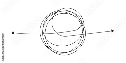 Tangled scribble lines transitioning from chaos to straight arrow. Concept of problem solving, simple solution, untangling process, and efficient business strategy development in eps 10.