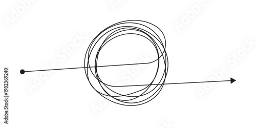 Tangled scribble lines transitioning from chaos to straight arrow. Concept of problem solving, simple solution, untangling process, and efficient business strategy development in eps 10.