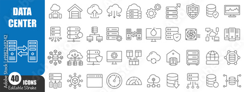 Data Center and Cloud Computing Line Icons Collection, Server Network Database Technology Outline Vector Set Editable Stroke
