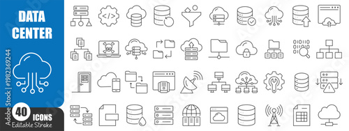 Data Center and Cloud Computing Line Icons Collection, Server Network Database Technology Outline Vector Set Editable Stroke