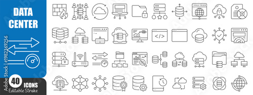 Data Center and Cloud Computing Line Icons Collection, Server Network Database Technology Outline Vector Set Editable Stroke