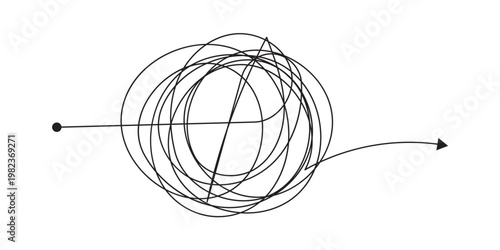Tangled scribble lines transitioning from chaos to straight arrow. Concept of problem solving, simple solution, untangling process, and efficient business strategy development in eps 10.