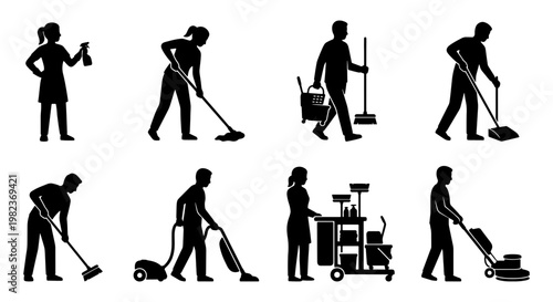 Professional cleaning service silhouettes, janitor and maid staff vector set, commercial housekeeping workers with vacuum and mop equipment