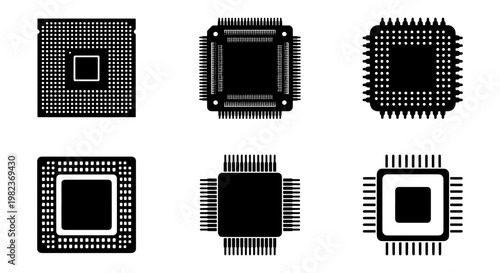Computer processor microchip icons set, black silhouette CPU and GPU hardware components, 6 electronic circuit chip vector elements for technology design
