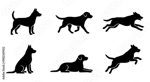 Black dog silhouette set with 6 vector icons, canine pet poses including running and sitting, minimalist animal profile collection for logos