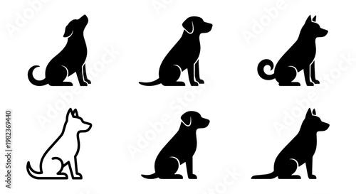 Minimalist dog silhouette icons, set of 6 canine breed vector illustrations, black sitting dog profile symbols for veterinary and pet care branding