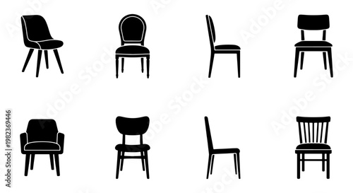 Modern chair silhouette icons set, minimalist furniture vector collection, black seating symbols for interior design and floor plans, 8 elements