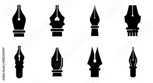 Vintage fountain pen nib icons, set of 8 black ink pen tip silhouettes, elegant calligraphy and writing tool vector elements for logo design