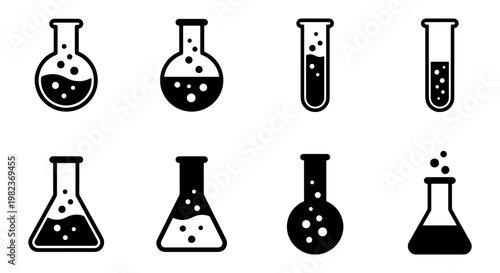 Minimalist chemistry laboratory glassware icons, set of 8 black science flask and test tube vectors, chemical research equipment symbols for web design