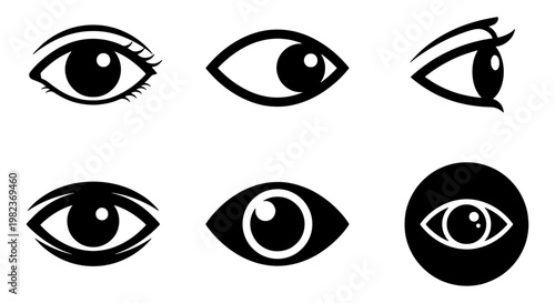 Minimalist human eye icon set, 6 black vector eyeball symbols, vision and optical health graphic elements, simple look and see signs for web design