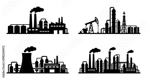 Industrial factory silhouette set, black manufacturing plant icons with smoke stacks, oil refinery and power station vector illustrations