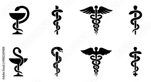 Medical caduceus and rod of asclepius vector icons, black pharmacy snake symbols set, healthcare and medicine emblems for clinical branding