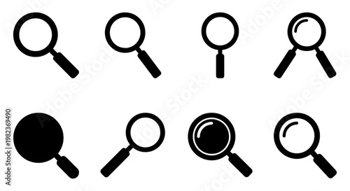 Magnifying glass icon set, 8 black search vector elements, minimalist loupe symbols for web interface and data discovery navigation