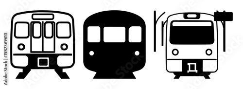 Train station icon set with solid black line drawing on white background featuring transportation, architecture, travel with signage and commuter