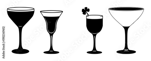 Cocktail glass icon set with solid black illustration on white background featuring line art, minimalist, icon with vector and graphics