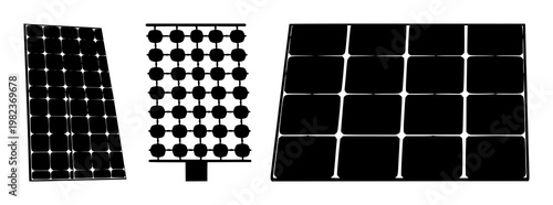 Solar panel grid set with a solid black icon against white background featuring renewable energy, clean power, and utility with modern technology and minimalism